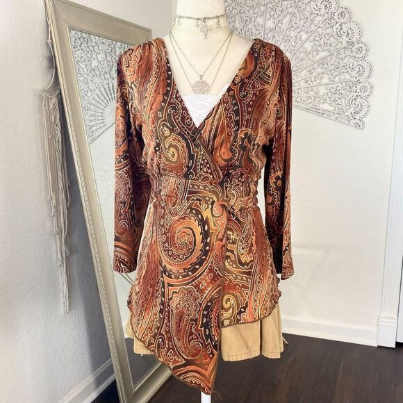 new directions Tops - Vintage Made in USA Fairycore Boho Brown Paisley Handkerchief Asymmetric Top L